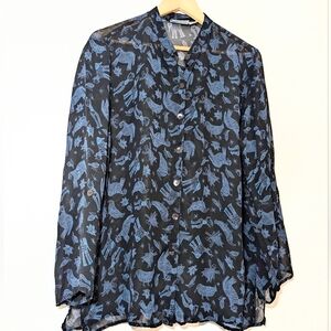 Women's Black Sheer Whimsigoth Button-Up Blouse Funky Eclectic Blue Animal Print